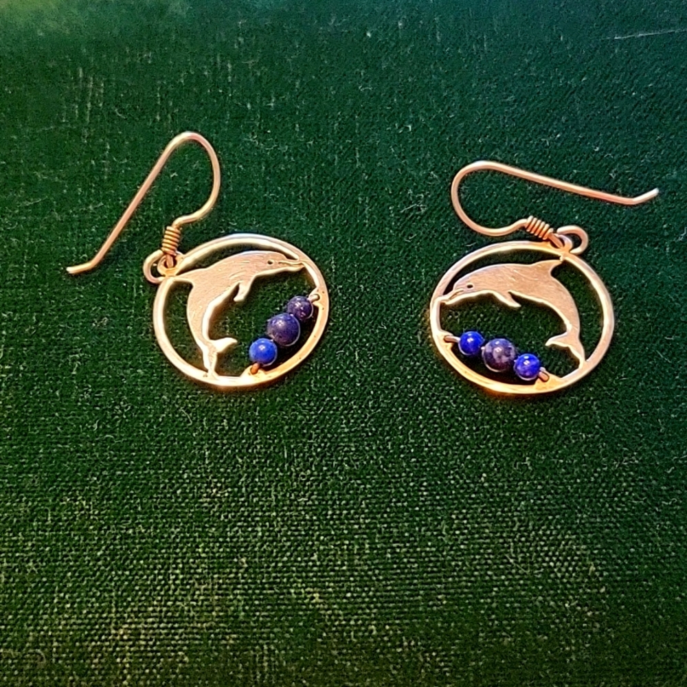 Fun Sterling Silver and Lapis beads Dolphin Earrings. Stamped 925 & signed